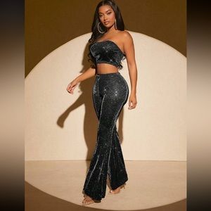Sexy black shimmer high waist flared two piece set.